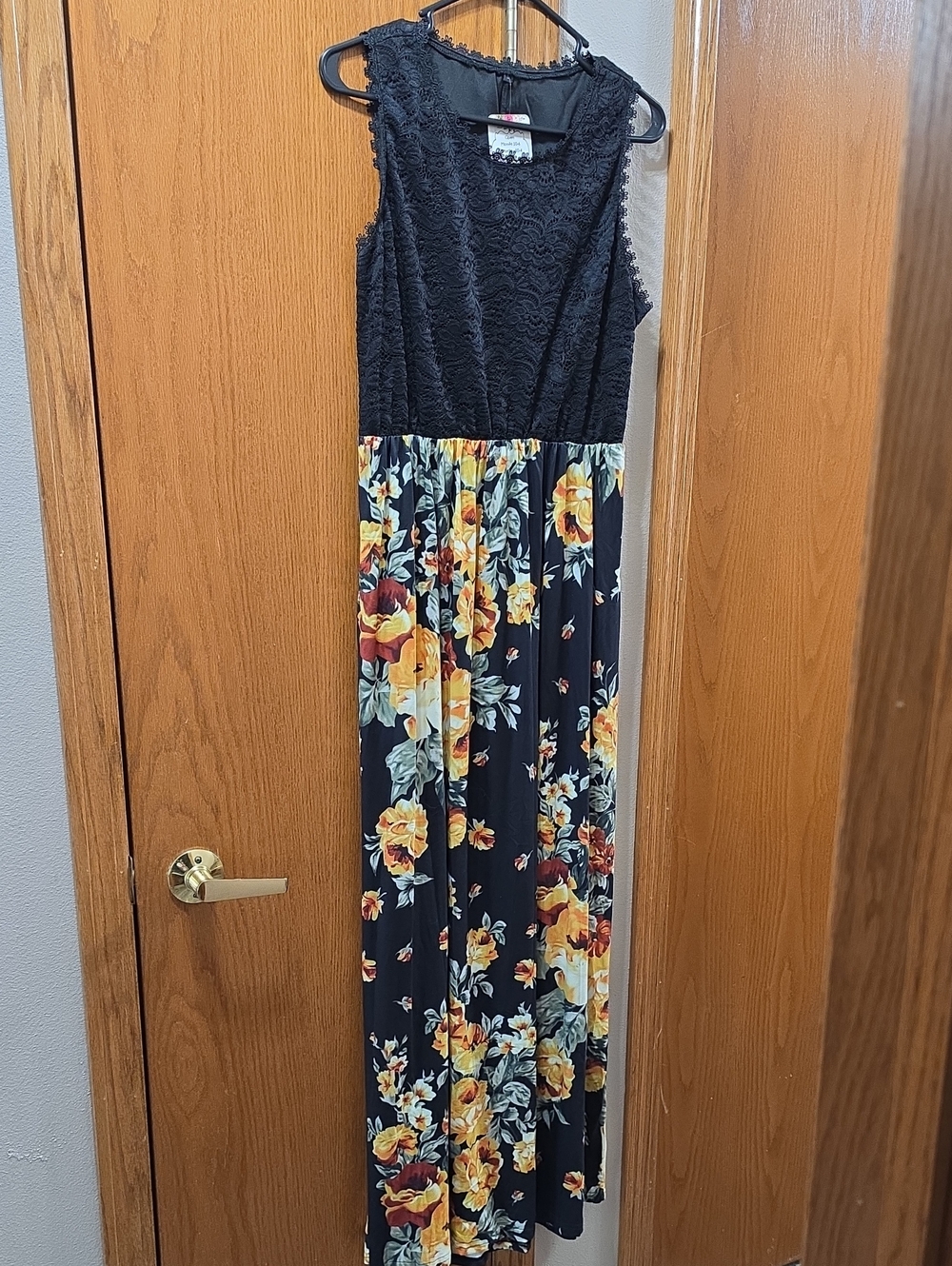 Floral Lace Bodice Maxi Dress - Black with Yellow Floral